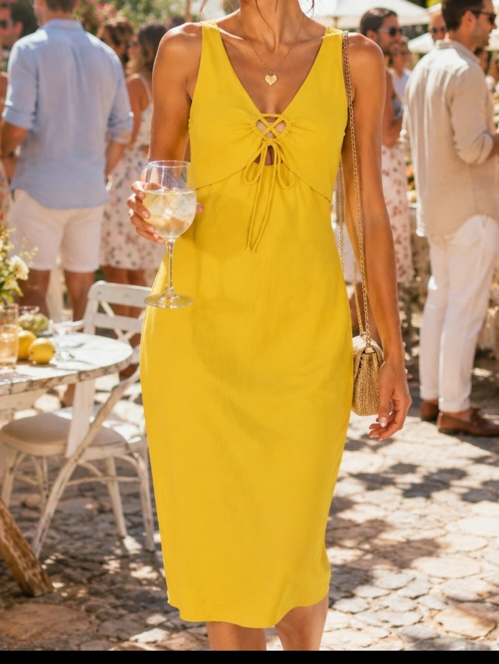 Derek Heart Yellow Bow Front Halter Back Dress